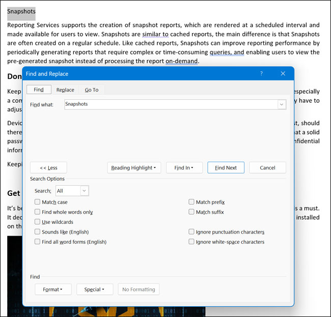 Microsoft Word search