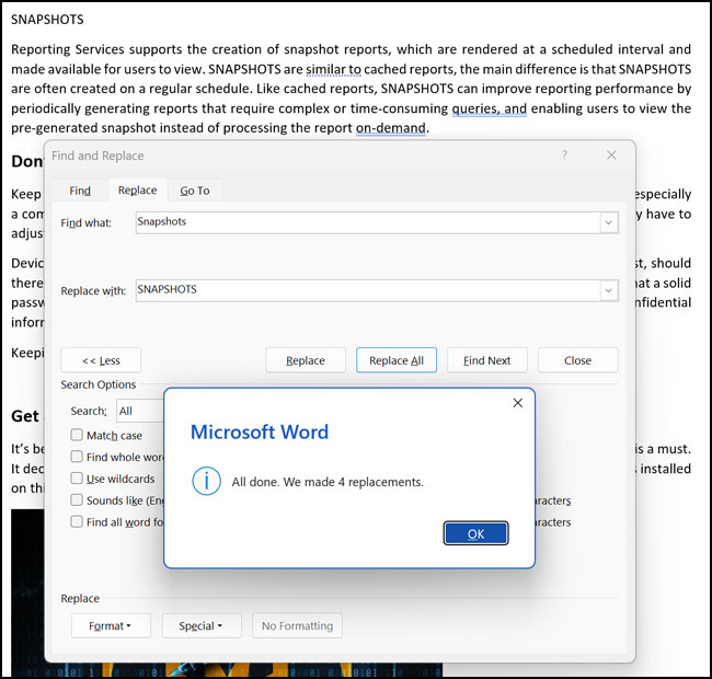 Microsoft Word replace all feature