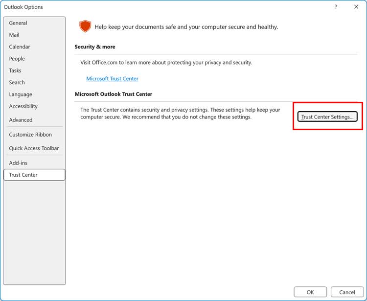 Outlook Trust Center Settings