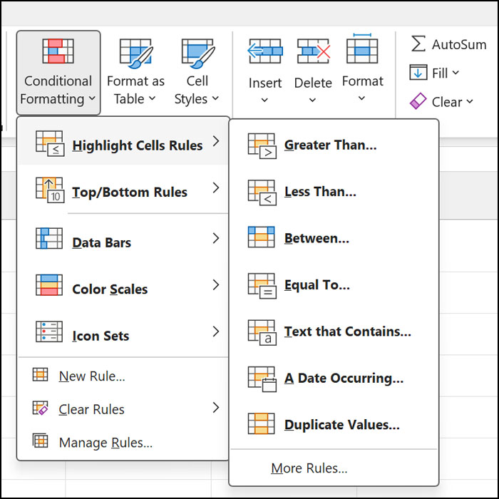 Conditional formatting options in Excel