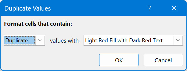Duplicate values box in Excel