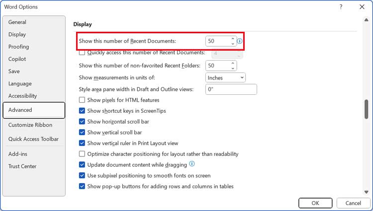 Clear the Recently Opened Documents List in Office