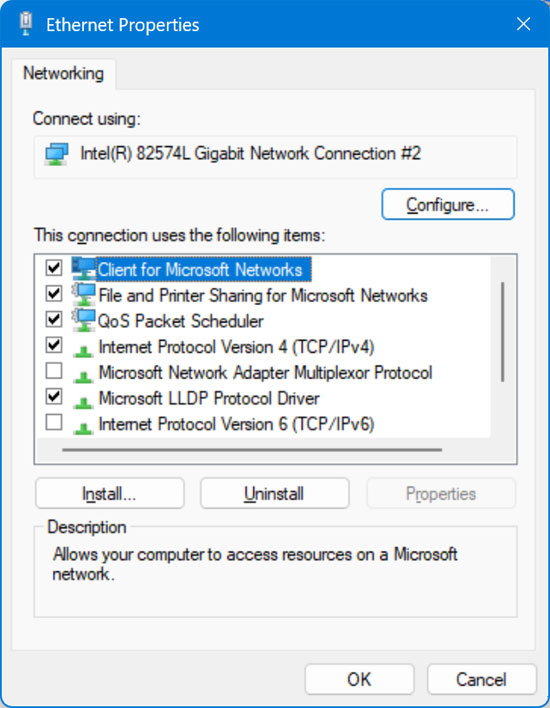 Network connection details