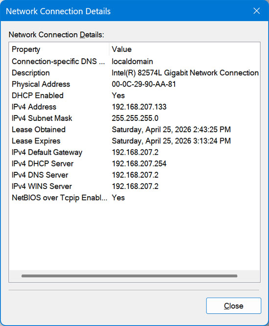 Windows network connection details