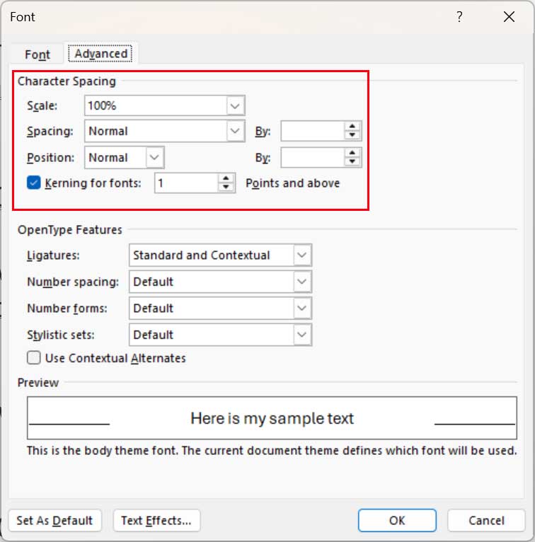 Increase Font or Letter Spacing in Microsoft Word