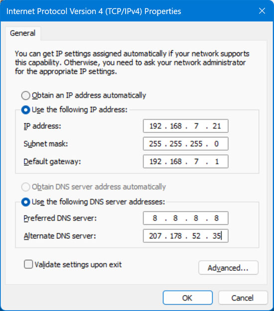 Static IP address settings