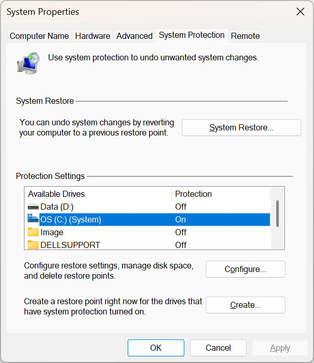 System Restore settings