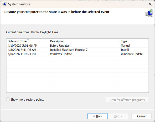System Restore points