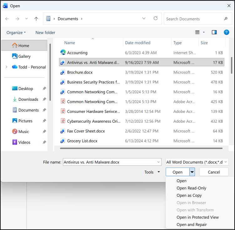 Open a Microsoft Office Document as Read Only or as a Copy