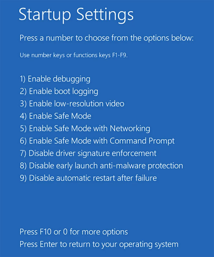 Windows recovery Safe Mode options