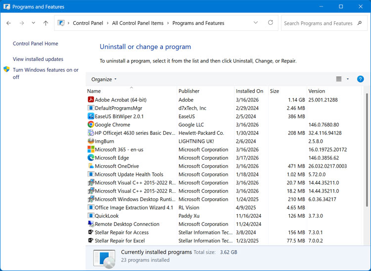 Uninstalling software in Windows