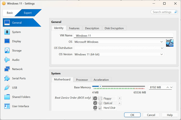 Virtual Machine general settings