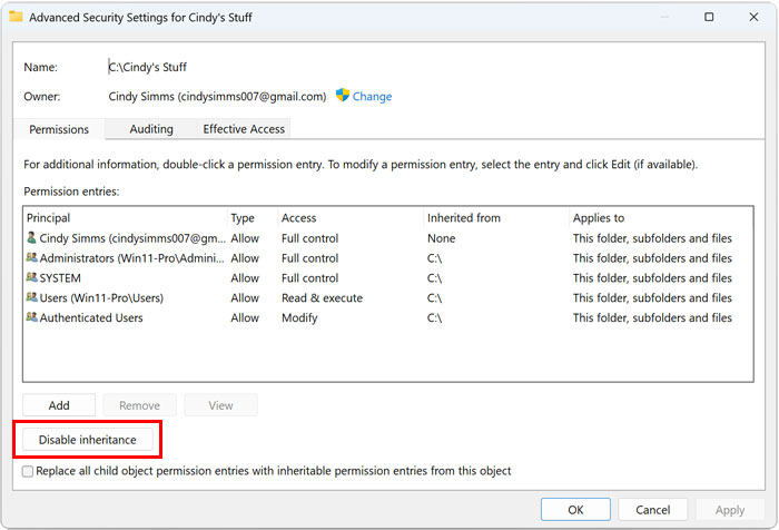 Folder advanced security settings