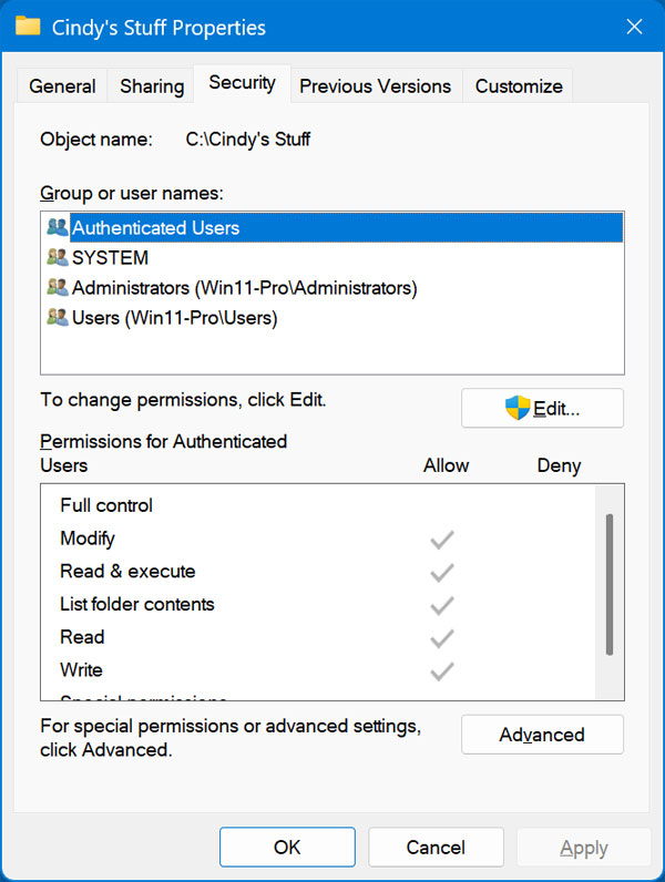 Security properties for folder