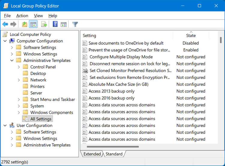 GPEDIT all policies shown