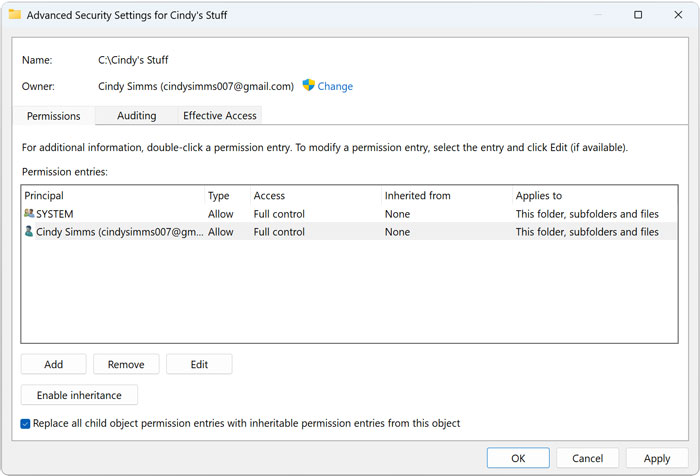 Advanced security settings for folder