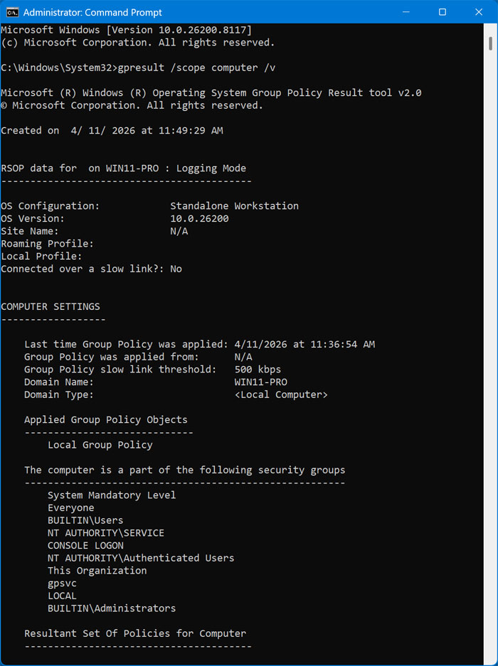 gpresult /scope computer /v