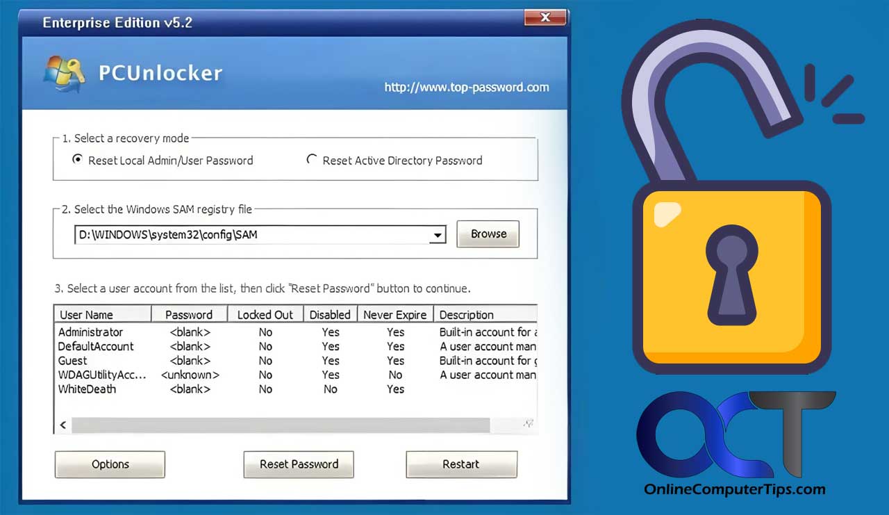 PCUnlocker Windows Password Reset Software - Online Computer Tips