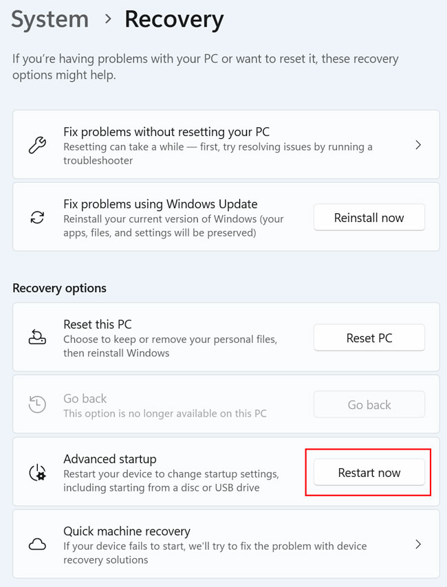 Windows recovery options