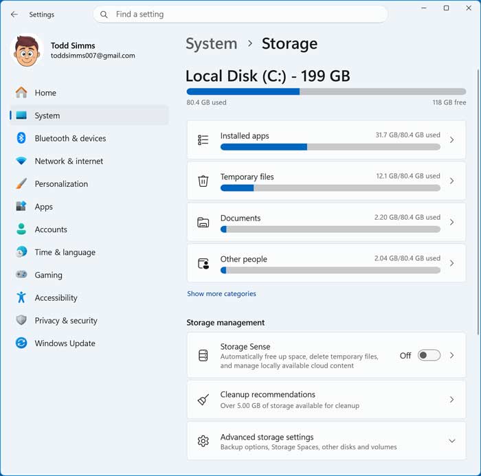 Windows 11 storage settings