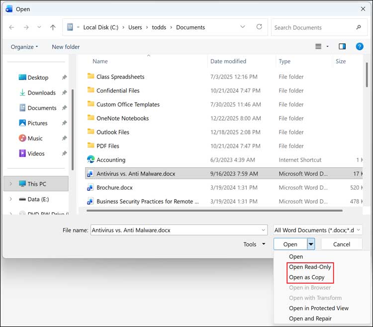 Open a Word Document as Read-Only or as a Copy