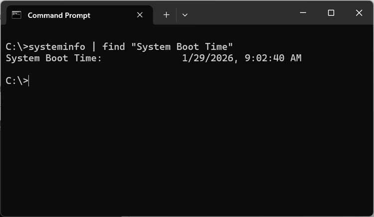 systeminfo | find "System Boot Time"