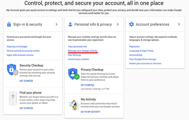 Google security and privacy settings