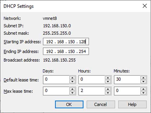 VMware Workstation Virtual Network Editor DHCP Settings