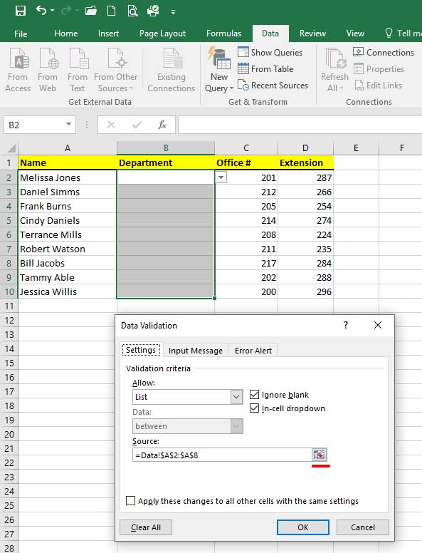 Microsoft Excel Drop Down List