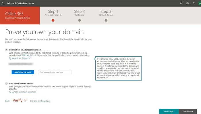 Office 365 Prove your own domain