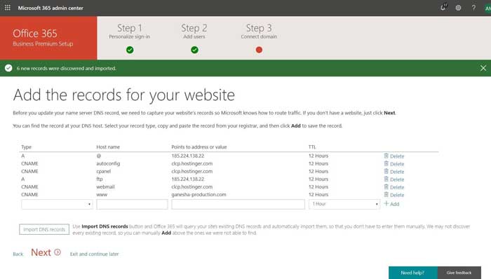 Office 365 Add the records for your website