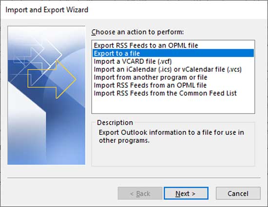 Outlook backup export pst file
