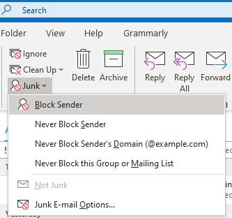 Outlook Junk Email Options