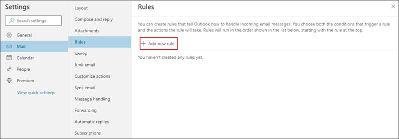 Outlook.com email rules