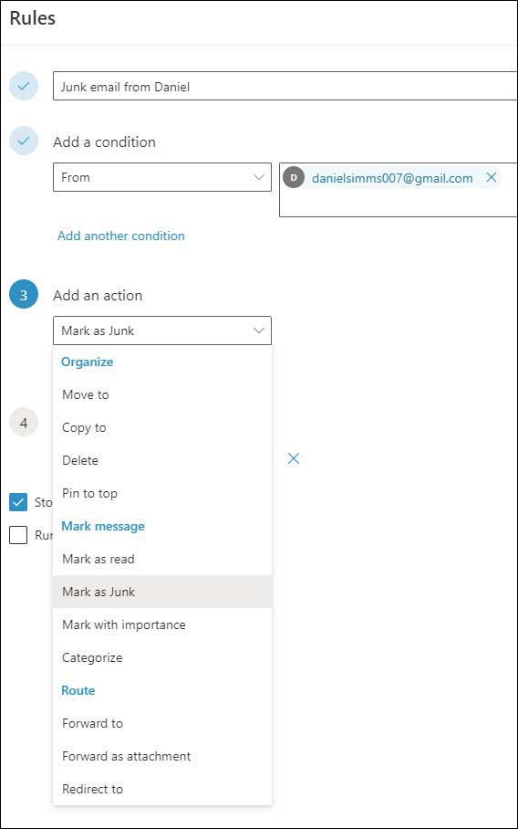 Outlook.com email rules conditions add an action