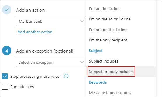 Outlook.com email rules add an exception