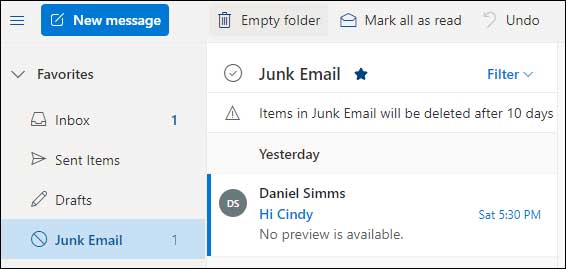 Outlook.com junk folder