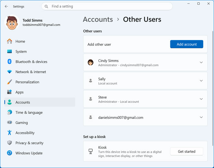 Windows user accounts settings