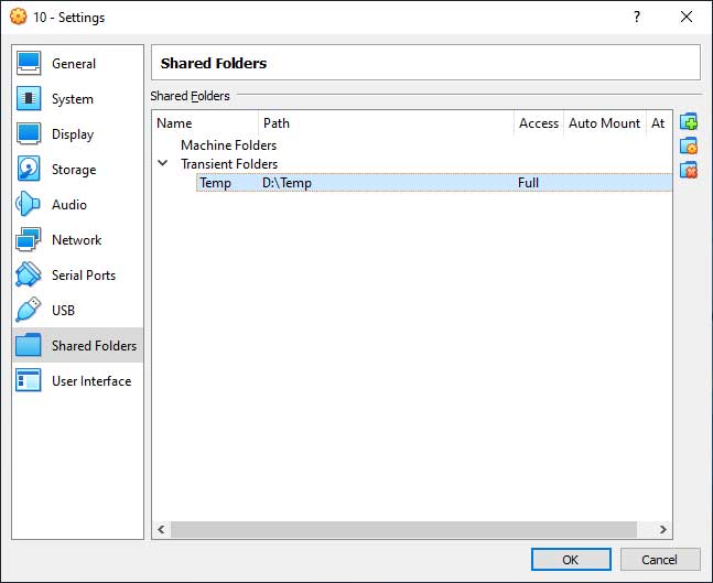 VirtualBox Shared Folders Settings