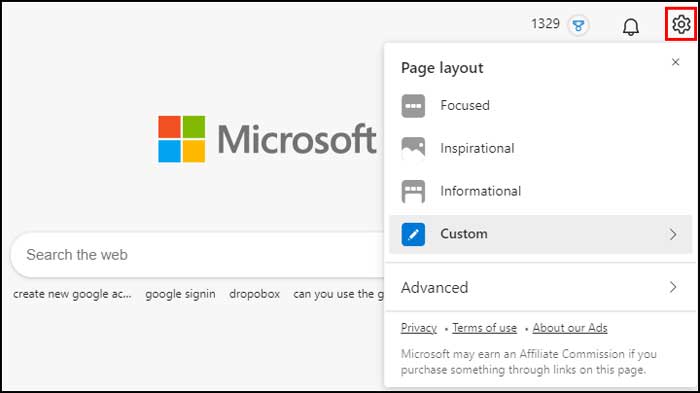 Microsoft Edge new tab page