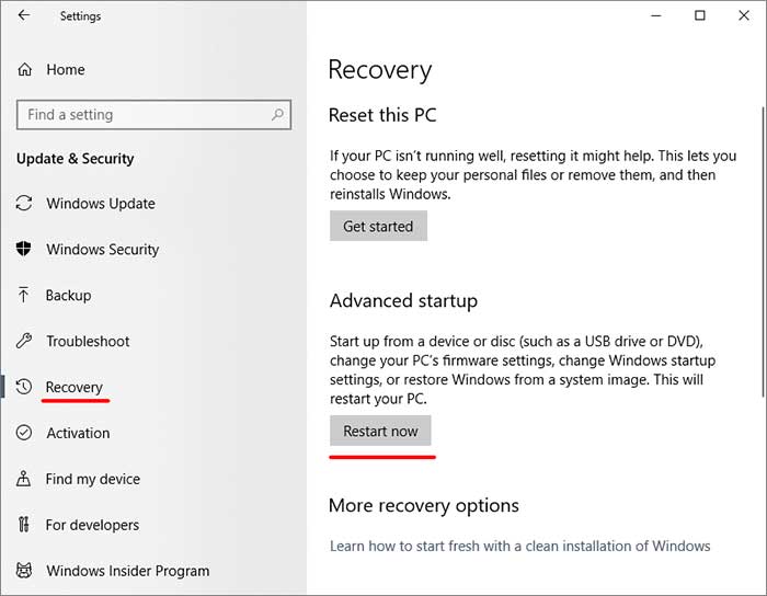 Windows 10 Settings Recovery