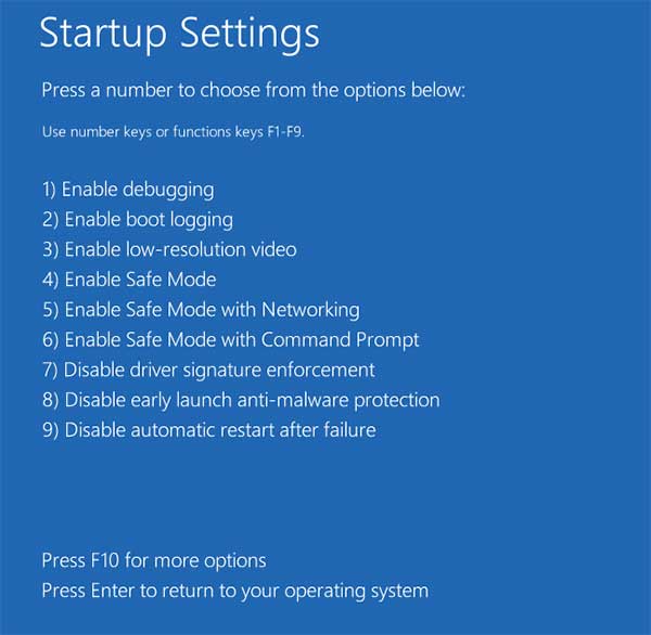 Windows 10 Recovery Startup Settings