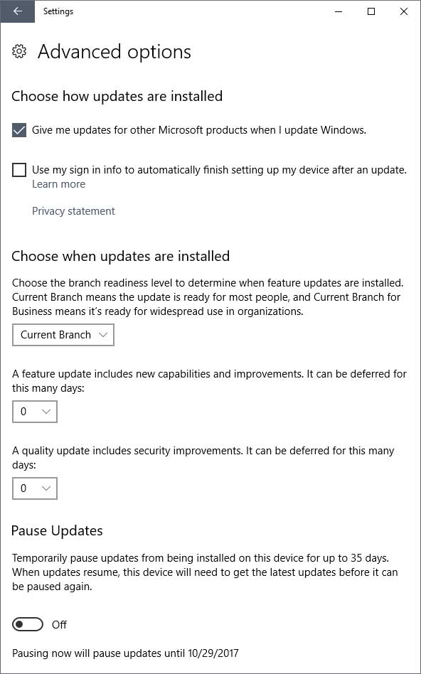 Windows 10 updates advanced options