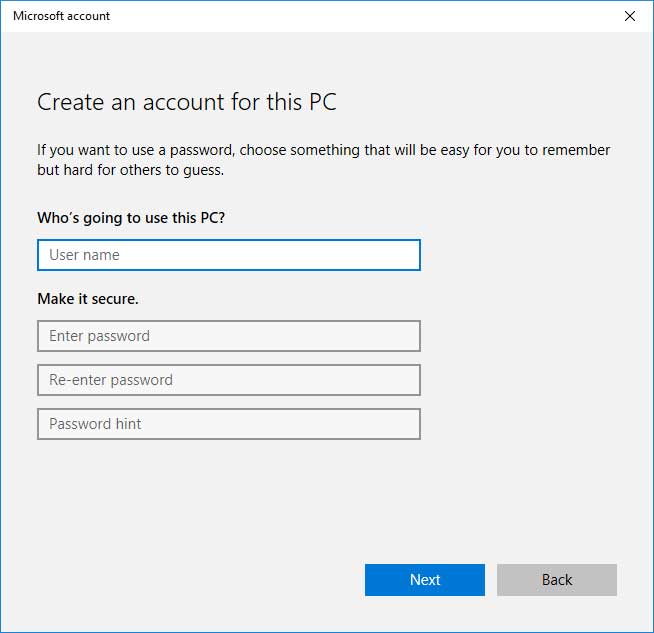 Create Windows 10 Local User Account