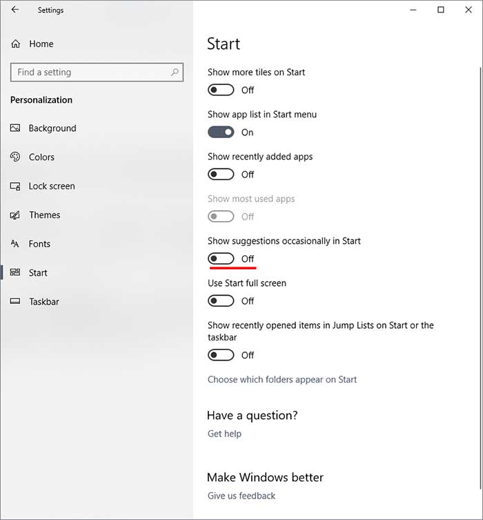 Windows start menu settings