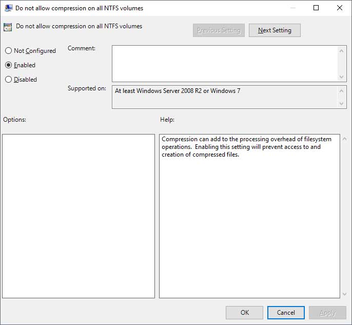 Do not allow compression on all NTFS volumes