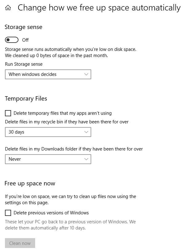Windows 10 storage sense