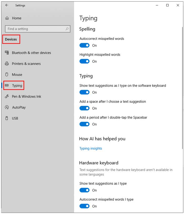 Windows 10 Typing Settings 