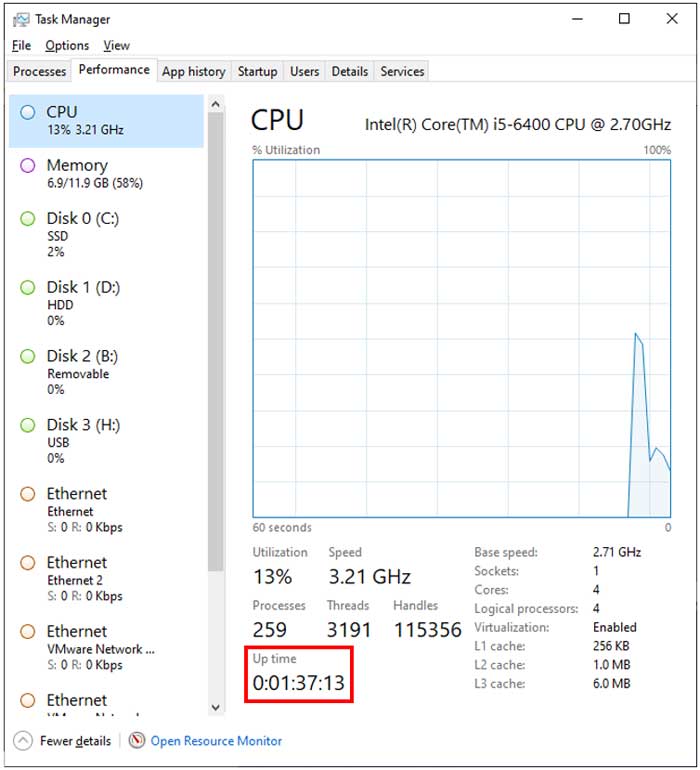 Task Manager Up Time