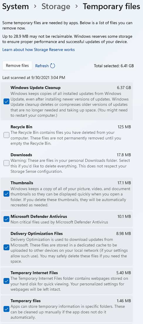 Windows 11 storage temporary files